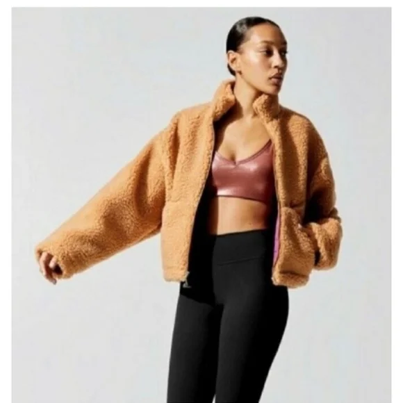 Nike Women's swoosh crop camel tan sherpa fleece xs